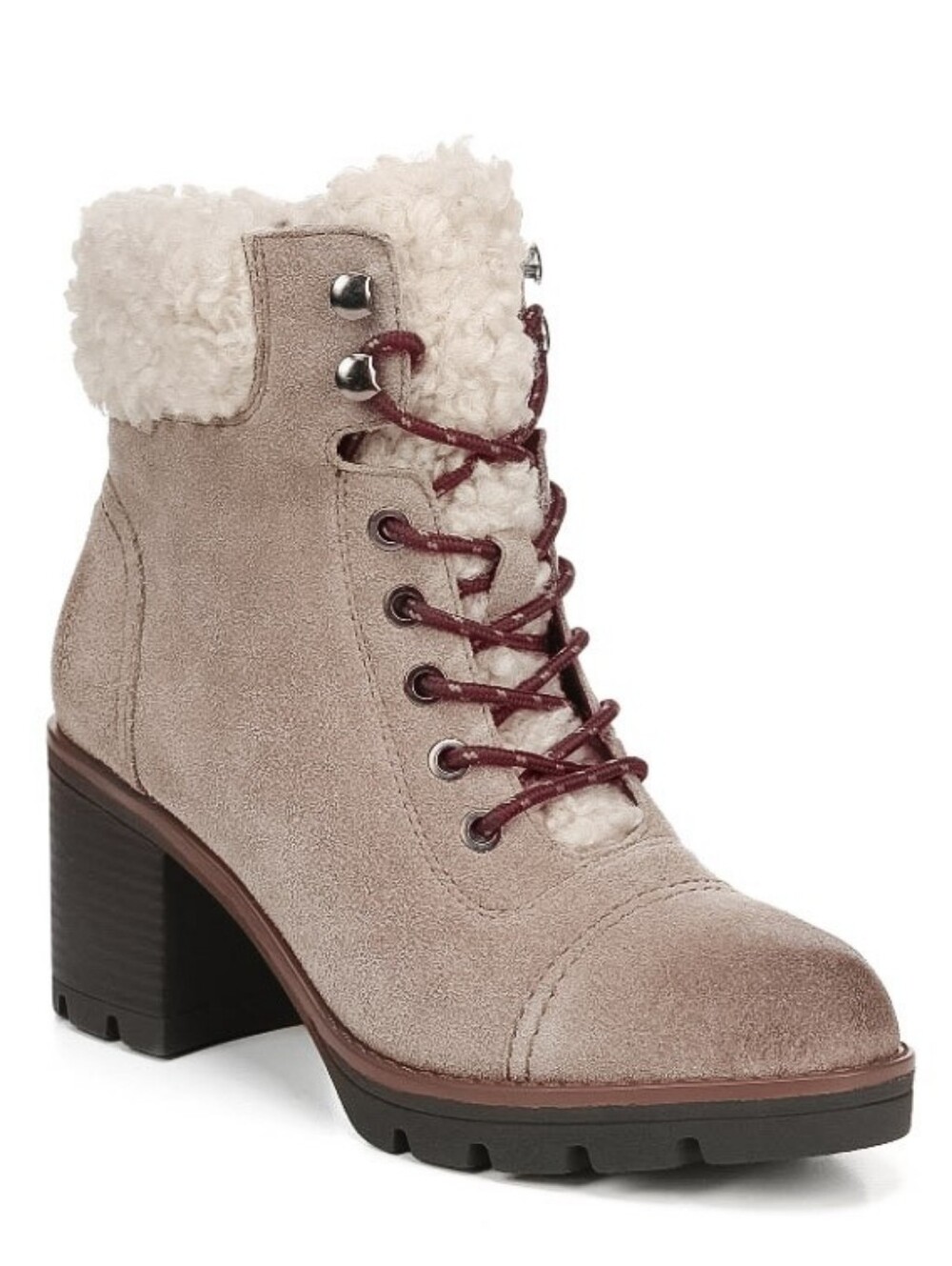 New Varuna II Taupe Suede Women's Faux-Shearling Lace-Up Hiker Boots w/ Heel